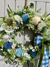 Load image into Gallery viewer, Blue Checked Ribbon Pomwreath - approx 35cm in size.
